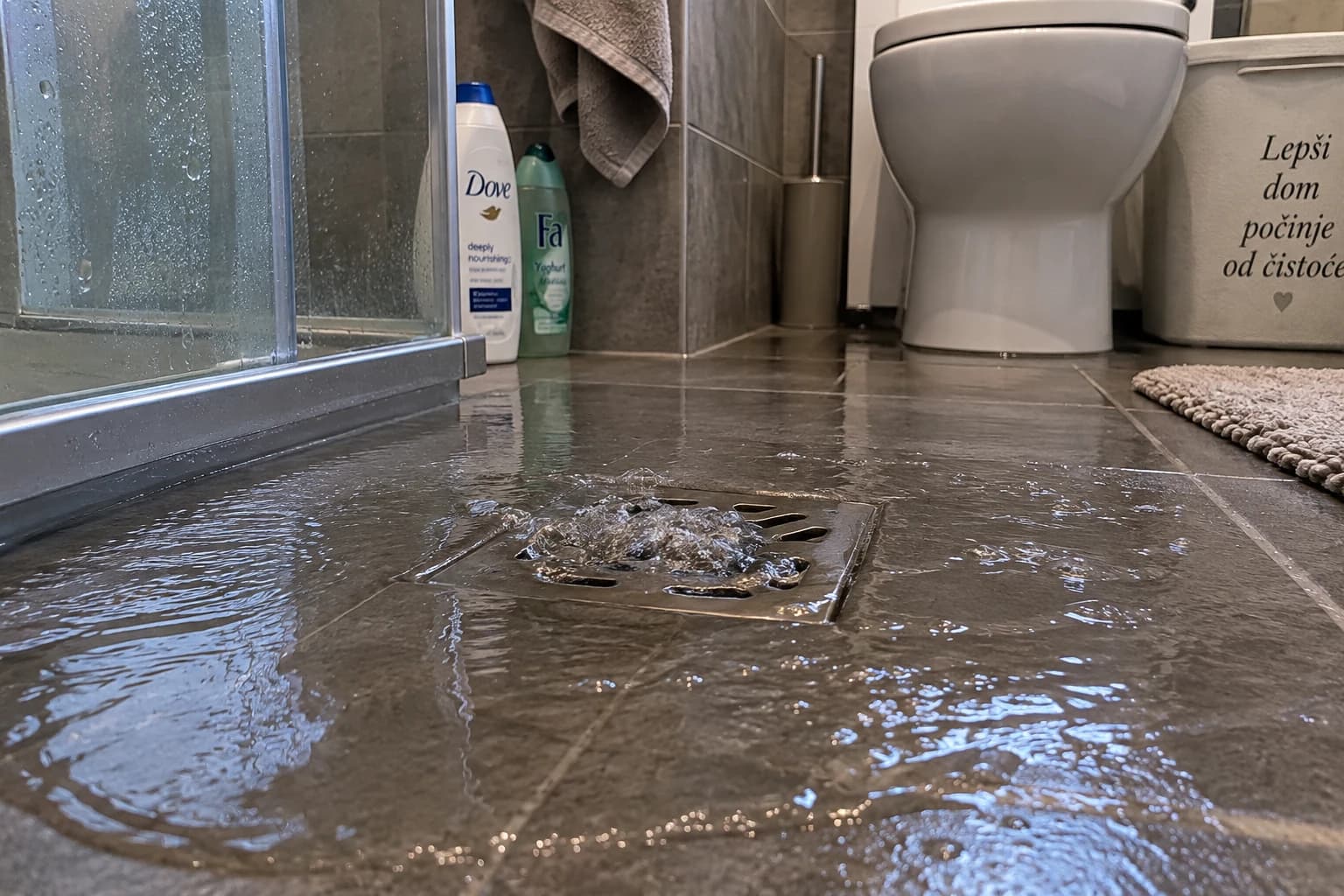 Voda se vraća kroz zapušen podni slivnik u kupatilu